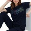 ZEYO Women's Cotton Navy Blue Typography Wide Bottom Night Suit Set of Top & Pyjama - Image 7
