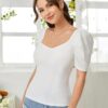 Dream Beauty Fashion Polyester Women's Sweet Heart Neck Puff/Balloon Bishop Sleeve Elegant Casual Tee Slim Fit Top, 23" Inches ( Top Mentos-01-White-Large) - Image 5