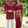 Couple Set Rose Silk Saree & Kurta Pajama (M, Maroon) - Image 6