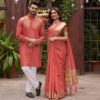 ARCHITTAM Unisex-Adult Couple Dress Set Assam Silk Solid Saree & Kurta Pajama (L, Peach) - Image 6