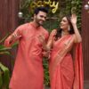 ARCHITTAM Unisex-Adult Couple Dress Set Assam Silk Solid Saree & Kurta Pajama (L, Peach) - Image 7