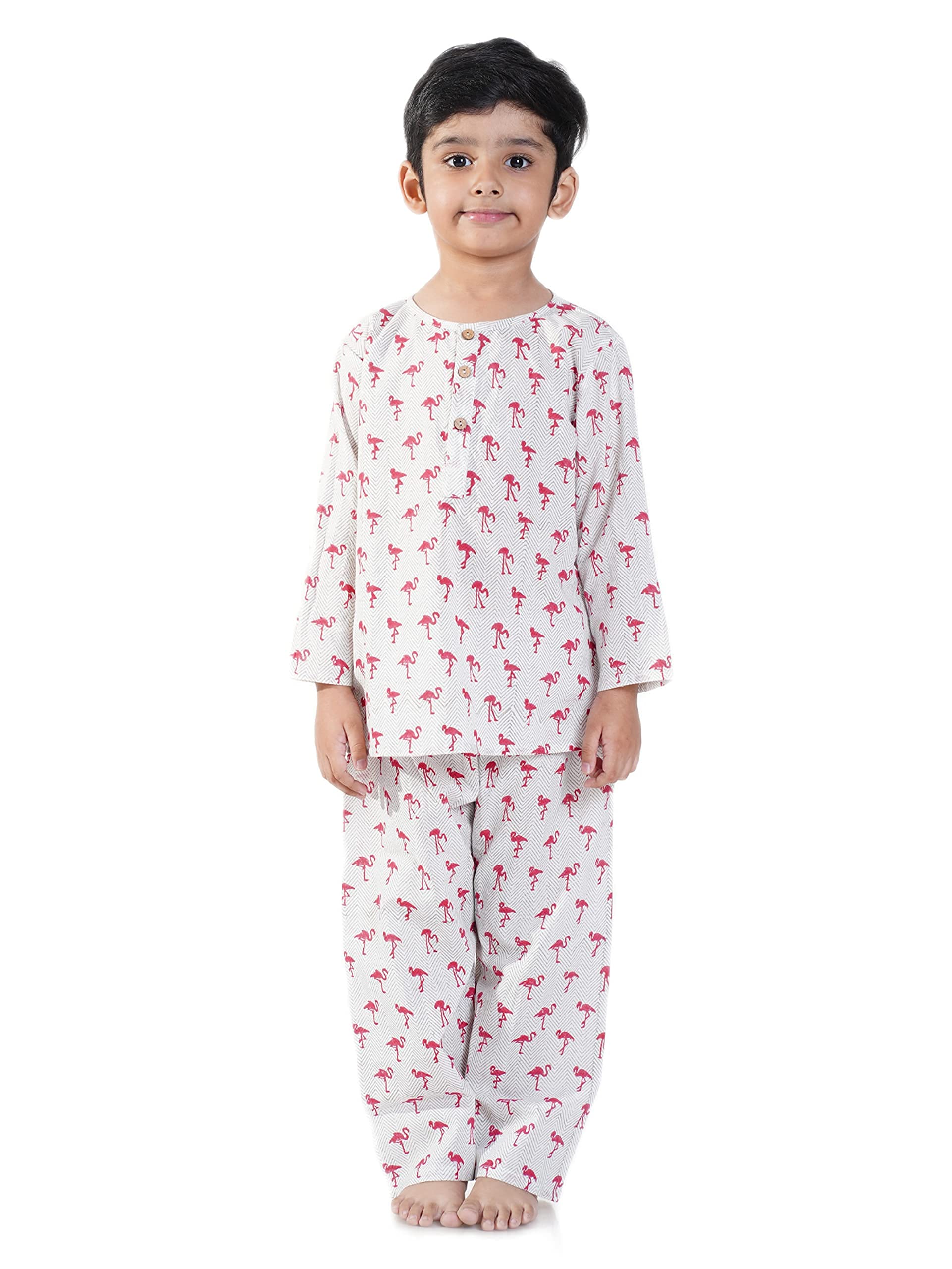 Chheent Cotton Unisex Printed Night Dress Suit Sleepwear Girls, Boys | Pink Flamingo (7-8 Years)