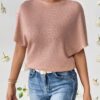 Zilcon Women Fashion Fall Batwing Half Sleeve Shirts Boat Neck Oversized Tunic Tops Casual Waffle Knit Shirts Tops for Women (in, Alpha, L, Dusty Pink) - Image 2