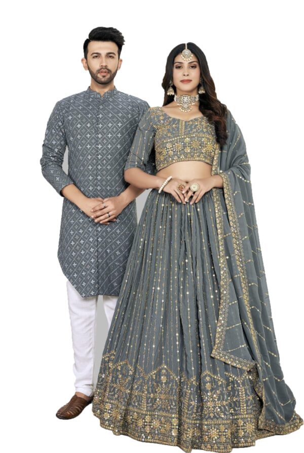 pavvoin Soft Georgette Semi-Stitched Embroidered Wedding Couple Wear Lehenga Set For Indian Women (Grey, Women-One Size/Men-Large)