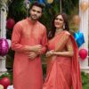ARCHITTAM Unisex-Adult Couple Dress Set Assam Silk Solid Saree & Kurta Pajama (L, Peach) - Image 5