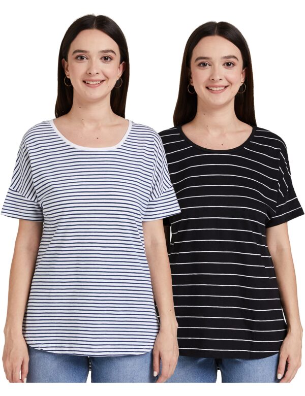 Amazon Brand - Symbol Women's Striped Loose Fit Half Sleeve Cotton T-Shirt (SYMAW19TS036B_White + Navy_Small) (Combo Pack of 2)