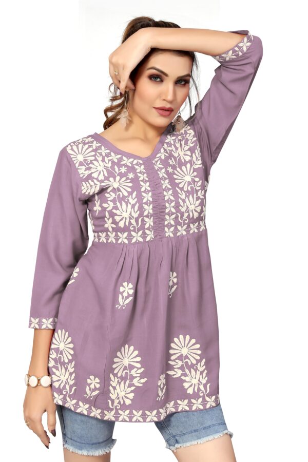 Bee M Pee Designer Regular Fit Short Kurti Tops for Jeans for Women I Chikankari Rayon Cotton Long Kurta Kurti for Women I Stylish Wear Kurti Top for Girls Lavender, Large