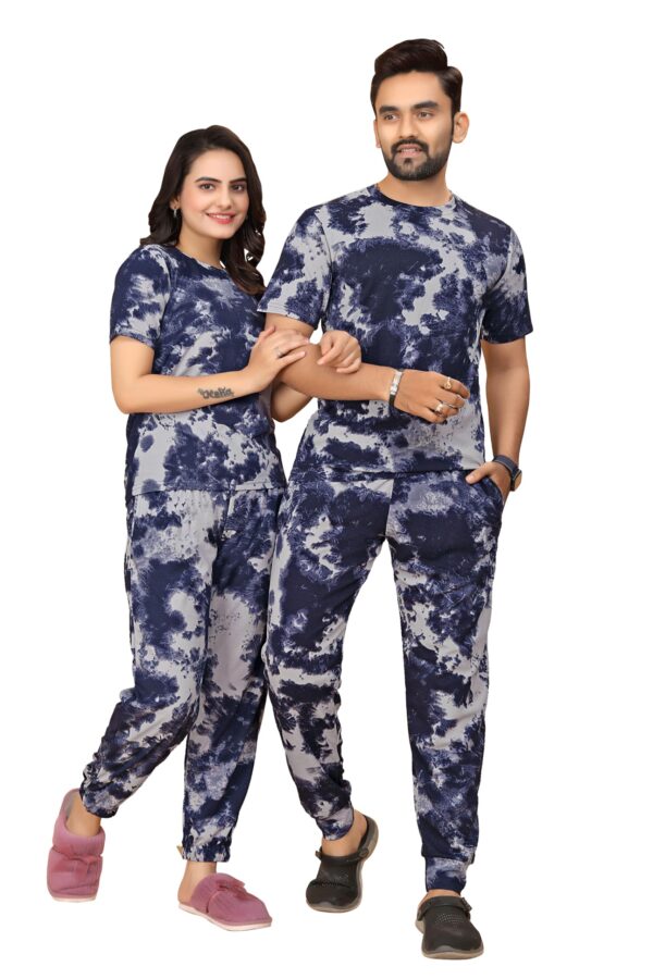 Cotton Fashion Gallaria Couple Combo Pajama Set For Woman & Mens Combo Co-Order Set& Night Suit Set Combo | Nightwear| Tracking| Pajama Set Combo (Men - X_Large/Women - L, Blue & White)