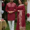 Couple Set Rose Silk Saree & Kurta Pajama (M, Maroon) - Image 7