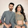 pavvoin Soft Georgette Semi-Stitched Embroidered Wedding Couple Wear Lehenga Set For Indian Women (Grey, Women-One Size/Men-Large) - Image 2