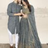pavvoin Soft Georgette Semi-Stitched Embroidered Wedding Couple Wear Lehenga Set For Indian Women (Grey, Women-One Size/Men-Large) - Image 5