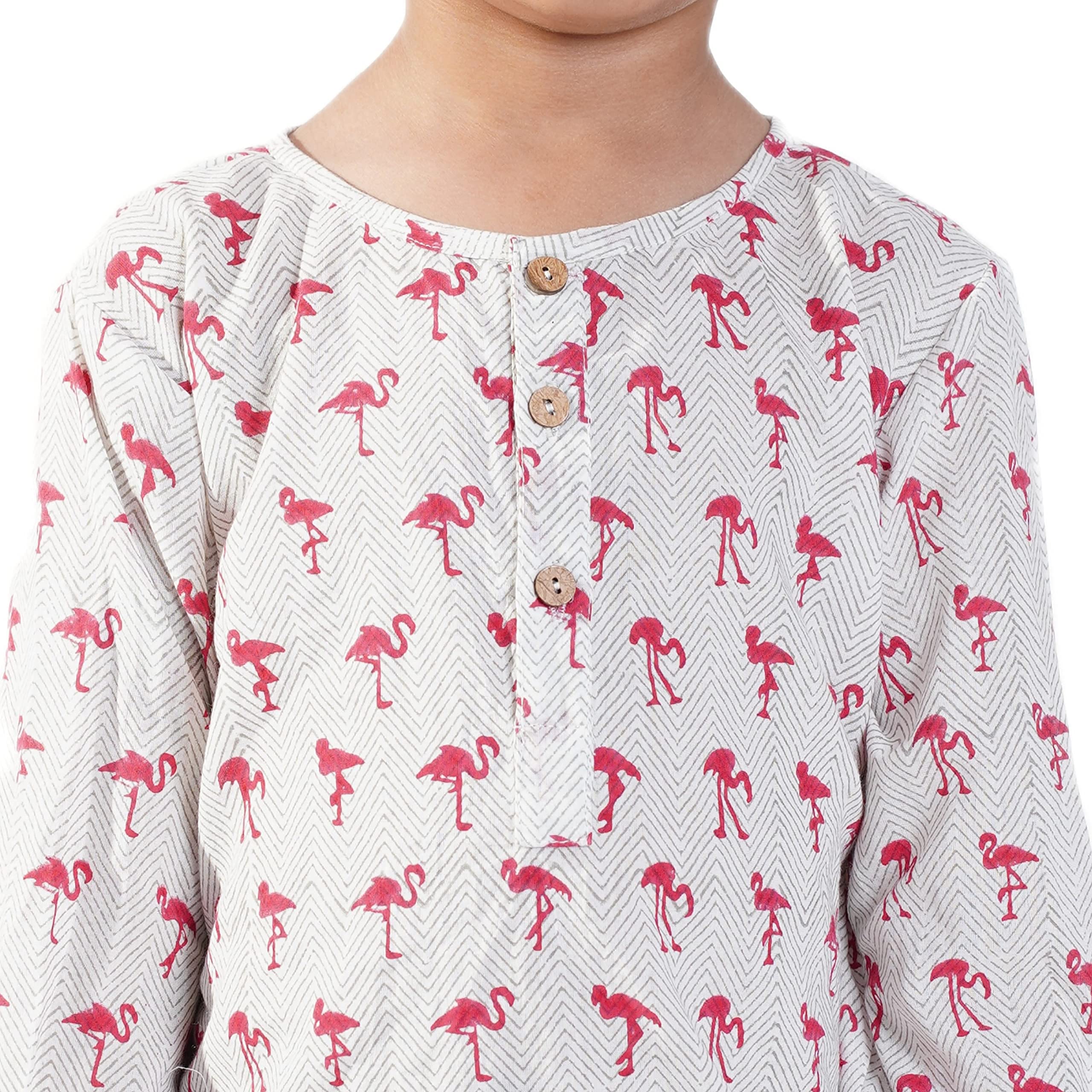 Chheent Cotton Unisex Printed Night Dress Suit Sleepwear Girls, Boys | Pink Flamingo (7-8 Years) - Image 3
