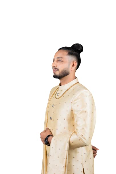 GOLD INDO WESTERN SHERWANI WITH DUPATTA & STRAIGHT CUT PANT (Medium)