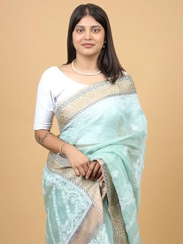 Firgun Lucknowi Chikankari Cotton Saree with Unstitched Blouse Piece for Women, Green, Zari Border, 100% Hand Embroidered - Image 5