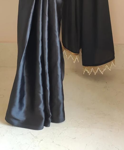 JEWELORRA Women's Regular Wear Satin Silk Pre Pleated Heavy Saree with Blouse For Festival, Party, Wedding,farewell, fuction saree.(Black) - Image 4