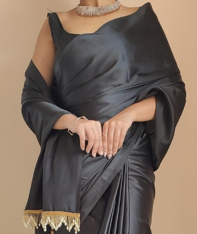 JEWELORRA Women's Regular Wear Satin Silk Pre Pleated Heavy Saree with Blouse For Festival, Party, Wedding,farewell, fuction saree.(Black) - Image 5