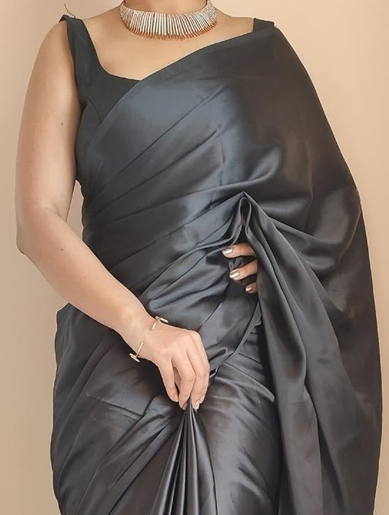JEWELORRA Women's Regular Wear Satin Silk Pre Pleated Heavy Saree with Blouse For Festival, Party, Wedding,farewell, fuction saree.(Black) - Image 6