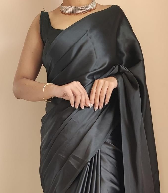 JEWELORRA Women's Regular Wear Satin Silk Pre Pleated Heavy Saree with Blouse For Festival, Party, Wedding,farewell, fuction saree.(Black) - Image 2