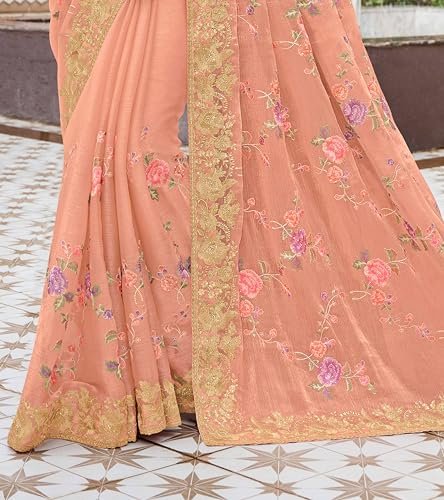 Laxmipati Sarees Women's Floral Embroidery Chiffon Saree in Peach Color with unstitched Blouse Material - Embrace Trendy Style And Timeless Elegance in this Exquisite Attire - Image 8