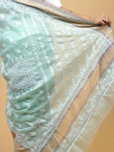 Firgun Lucknowi Chikankari Cotton Saree with Unstitched Blouse Piece for Women, Green, Zari Border, 100% Hand Embroidered - Image 3