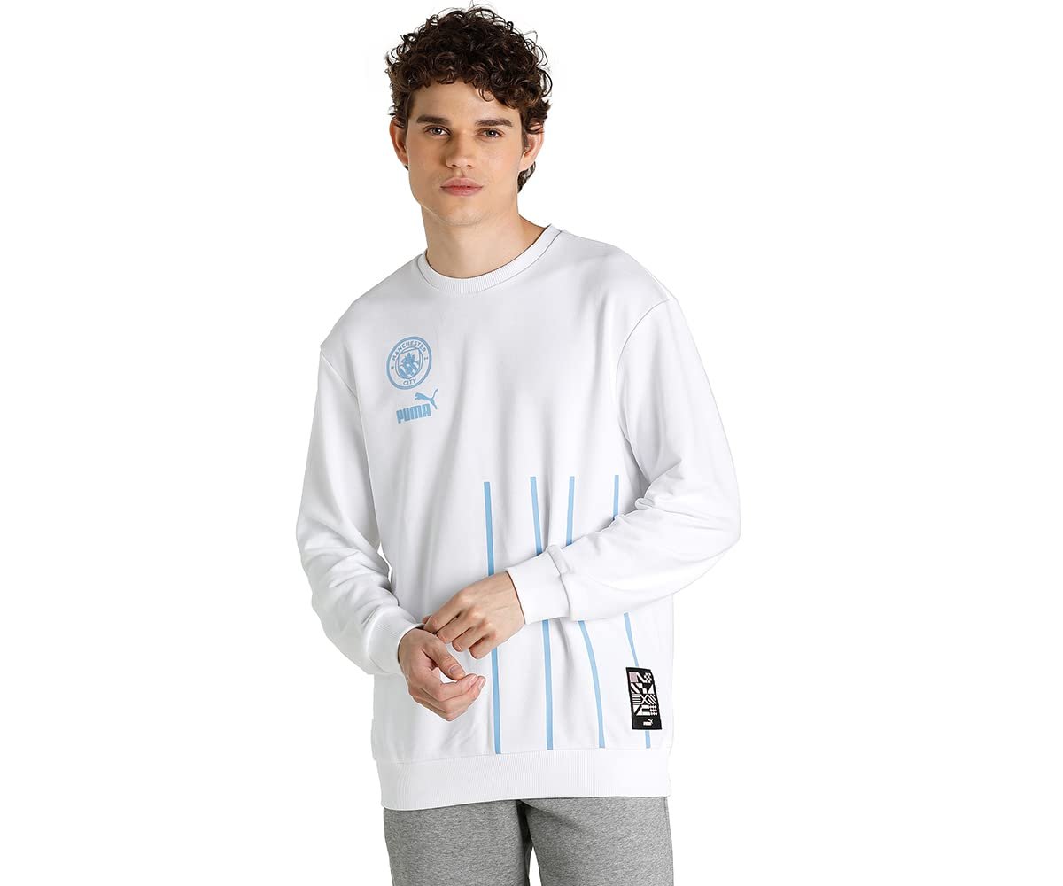 Puma Men's Cotton Crew Neck Regular Sweatshirt (76779407_White-Team Light Blue_Large)
