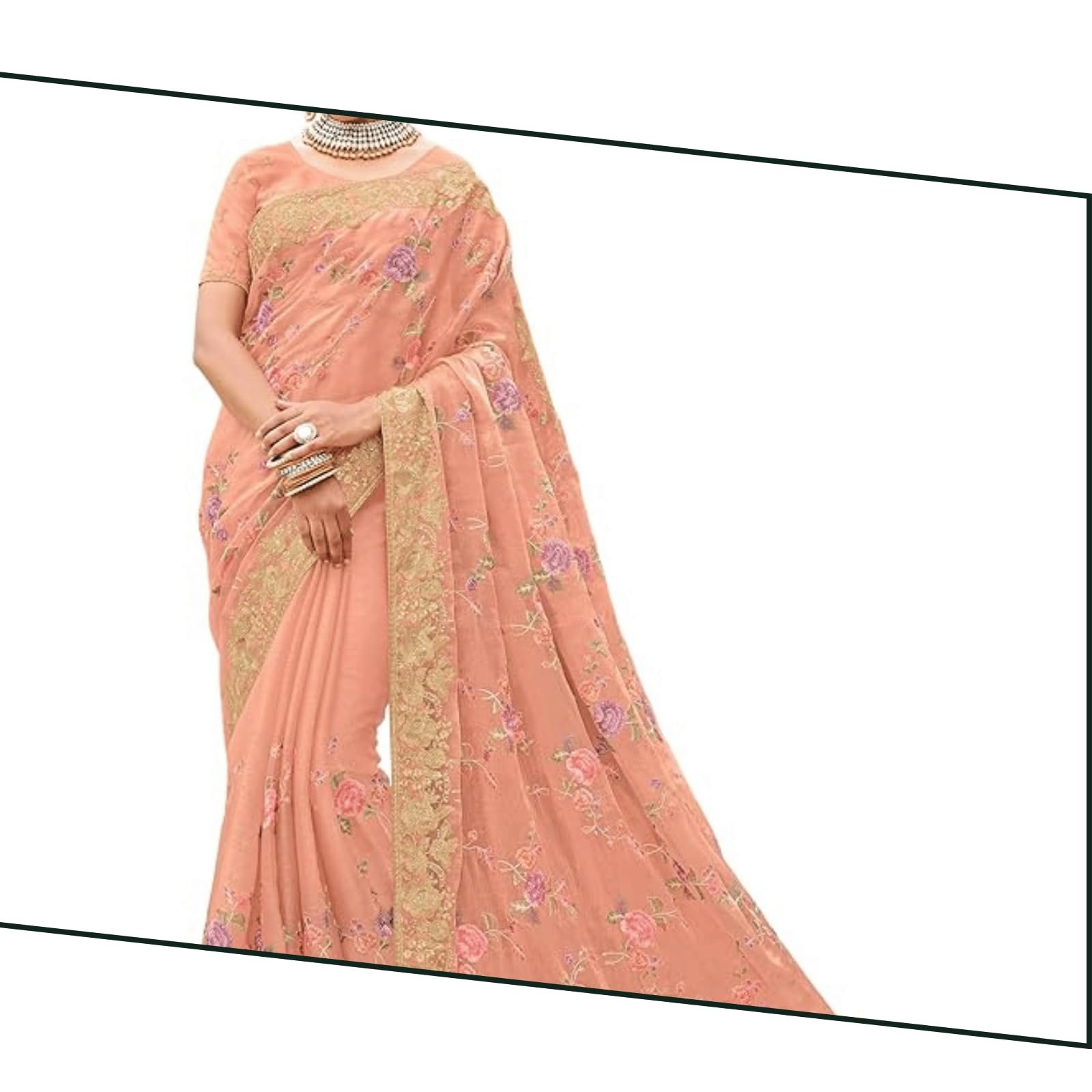 Laxmipati Sarees Women's Floral Embroidery Chiffon Saree in Peach Color with unstitched Blouse Material - Embrace Trendy Style And Timeless Elegance in this Exquisite Attire - Image 3