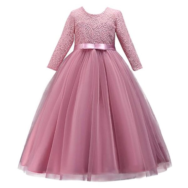Girls Long Lace Bridesmaid Dress 3/4 Sleeves Floor Length Maxi Tulle Pageant Ball Gowns Wedding Party Dresses for Kids