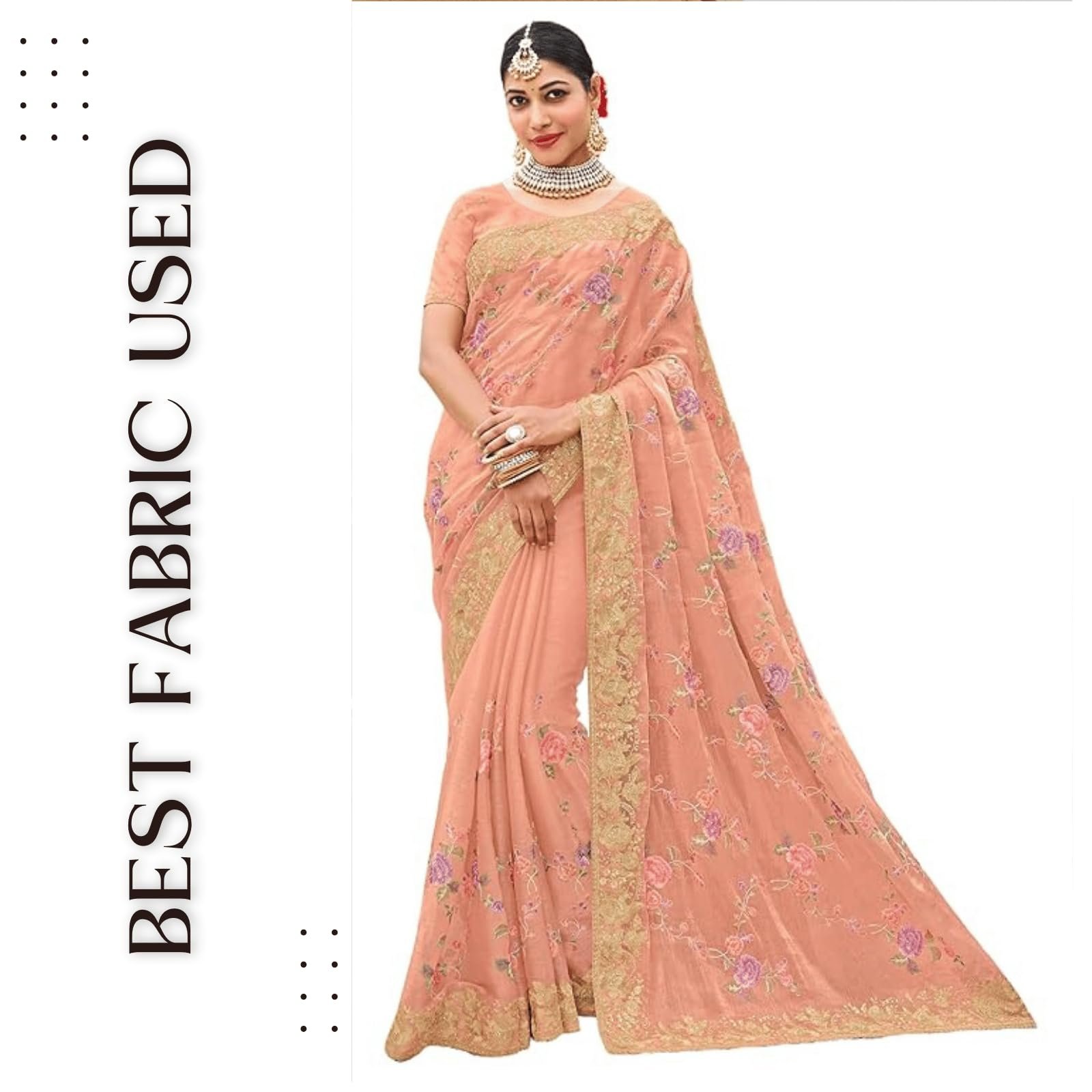 Laxmipati Sarees Women's Floral Embroidery Chiffon Saree in Peach Color with unstitched Blouse Material - Embrace Trendy Style And Timeless Elegance in this Exquisite Attire - Image 5