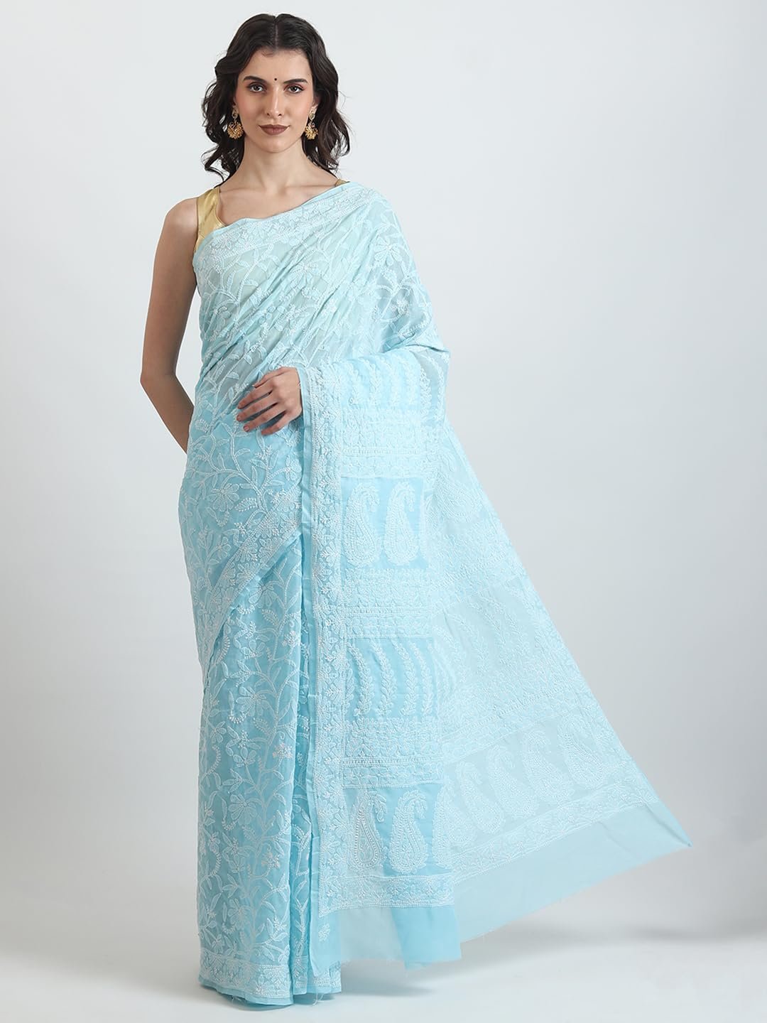 Chikankari Hand Embroidered Saree in Chanderi Cotton – 5.5m Saree with 1m unstiched Blouse – Lightweight, Handcrafted Traditional Indian Wear for Women (Sky Blue) - Image 4