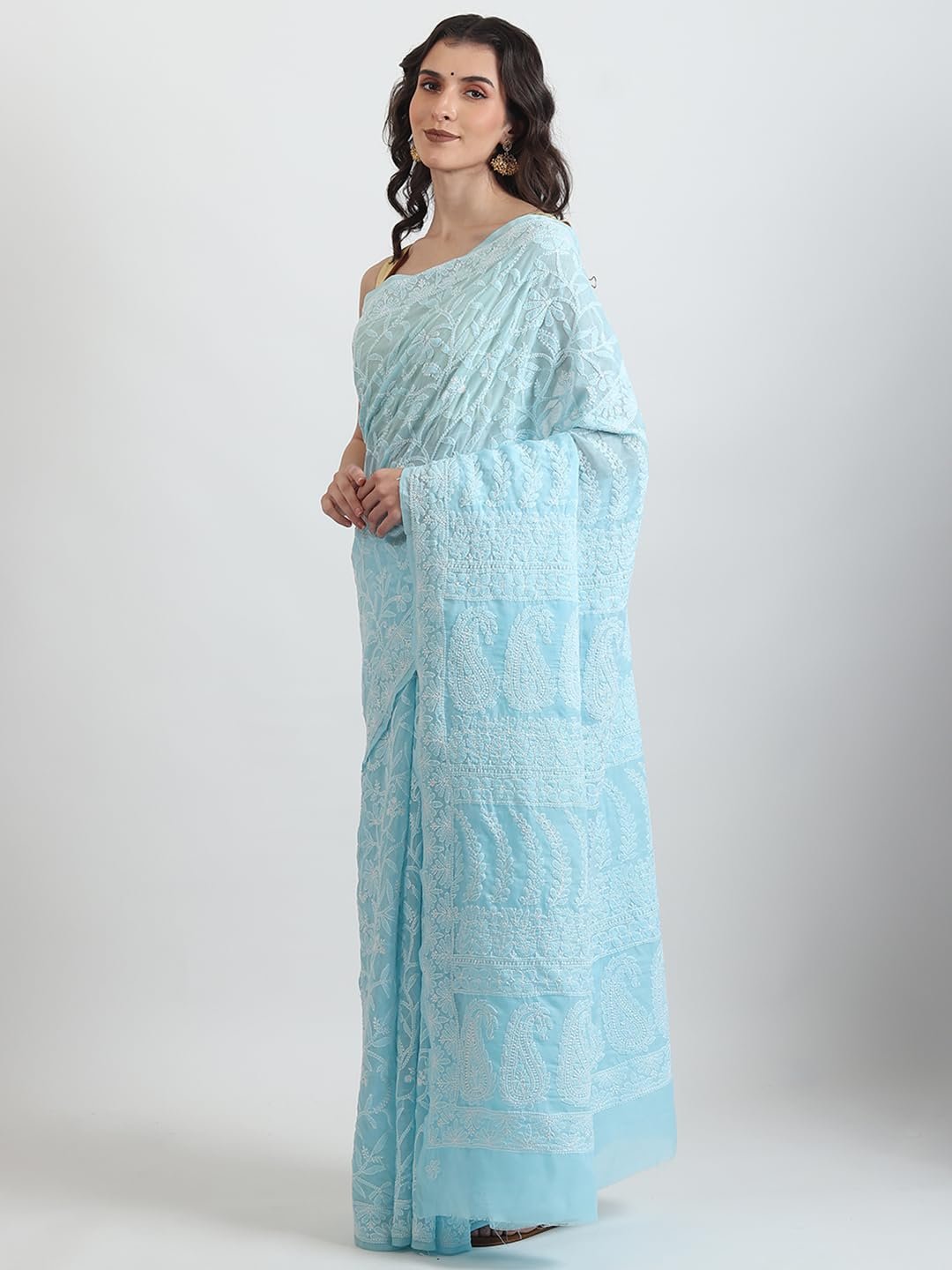 Chikankari Hand Embroidered Saree in Chanderi Cotton – 5.5m Saree with 1m unstiched Blouse – Lightweight, Handcrafted Traditional Indian Wear for Women (Sky Blue) - Image 7