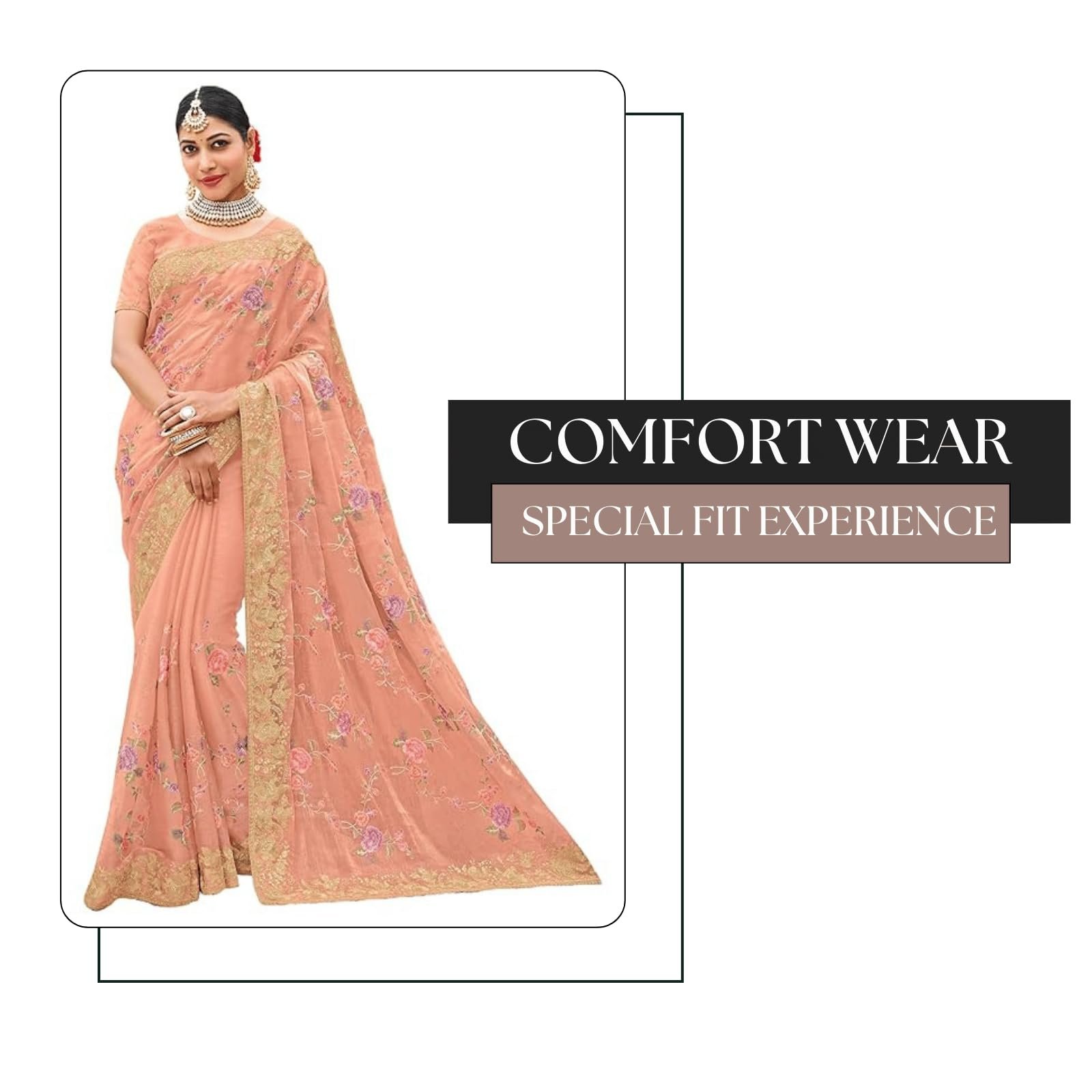 Laxmipati Sarees Women's Floral Embroidery Chiffon Saree in Peach Color with unstitched Blouse Material - Embrace Trendy Style And Timeless Elegance in this Exquisite Attire - Image 4