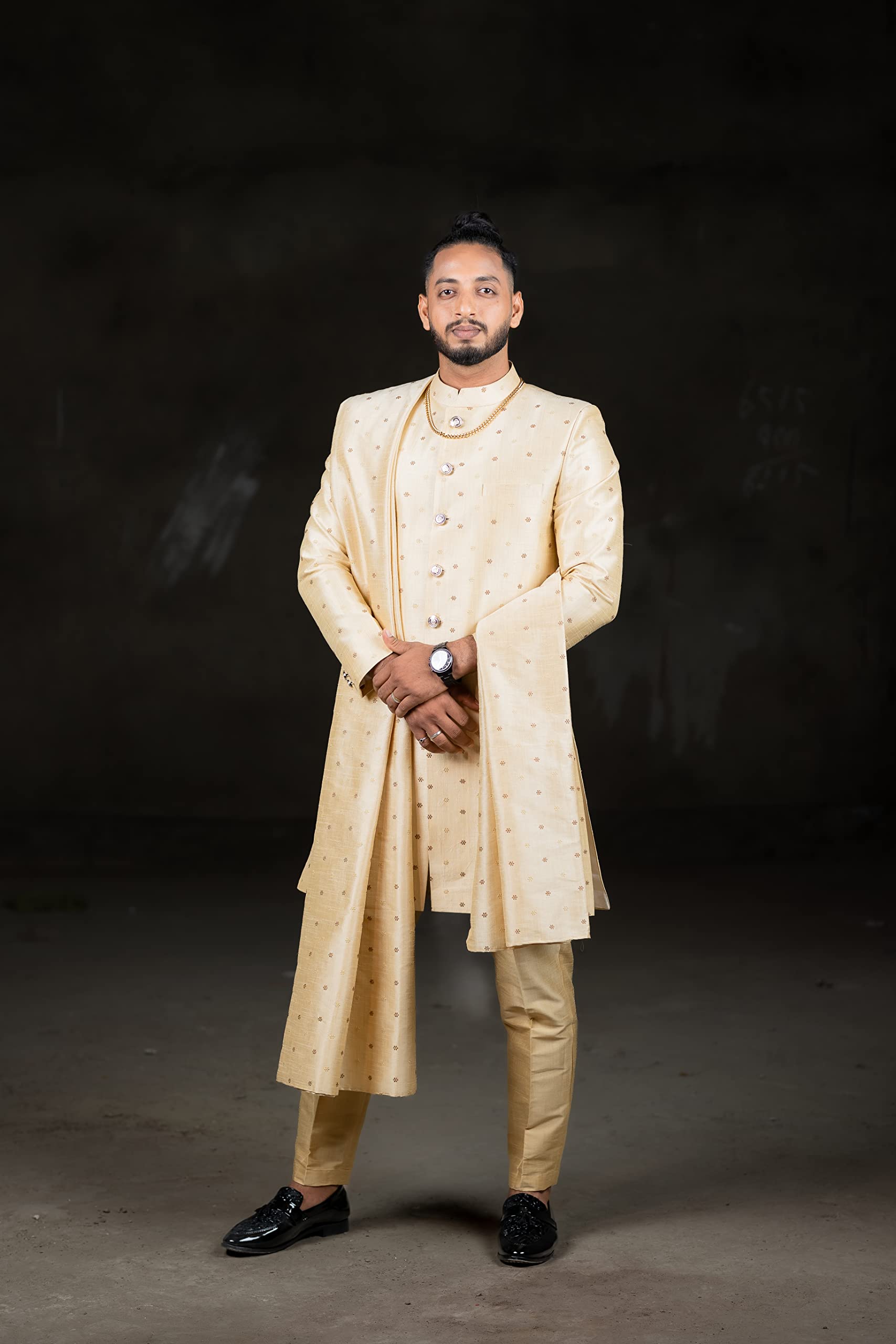GOLD INDO WESTERN SHERWANI WITH DUPATTA & STRAIGHT CUT PANT (Medium) - Image 5