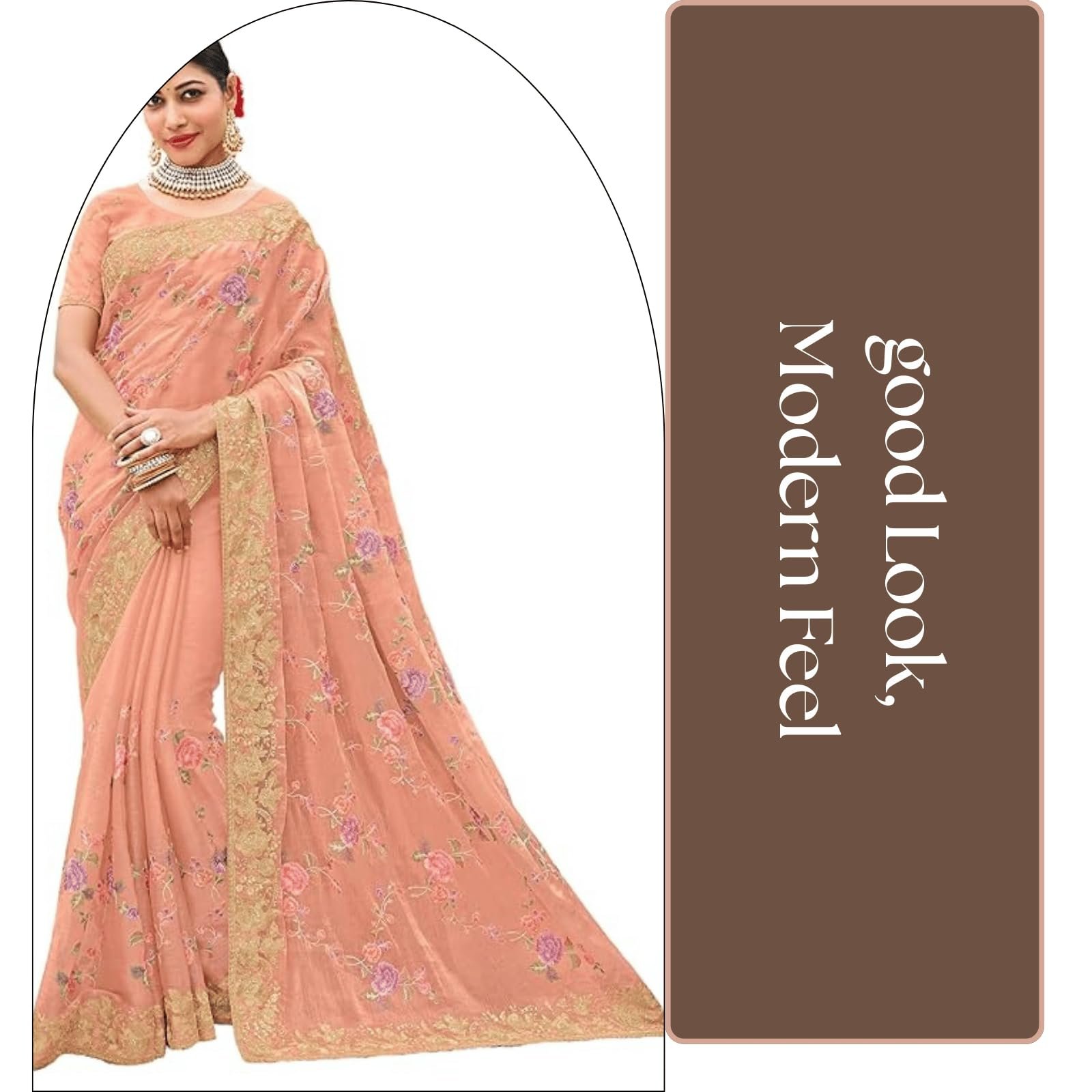 Laxmipati Sarees Women's Floral Embroidery Chiffon Saree in Peach Color with unstitched Blouse Material - Embrace Trendy Style And Timeless Elegance in this Exquisite Attire - Image 2