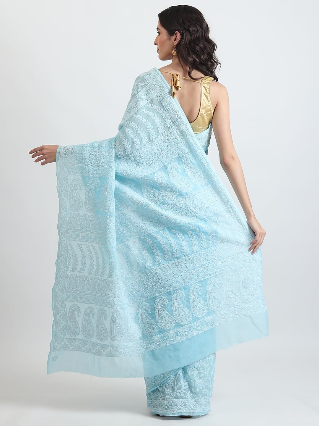 Chikankari Hand Embroidered Saree in Chanderi Cotton – 5.5m Saree with 1m unstiched Blouse – Lightweight, Handcrafted Traditional Indian Wear for Women (Sky Blue) - Image 6