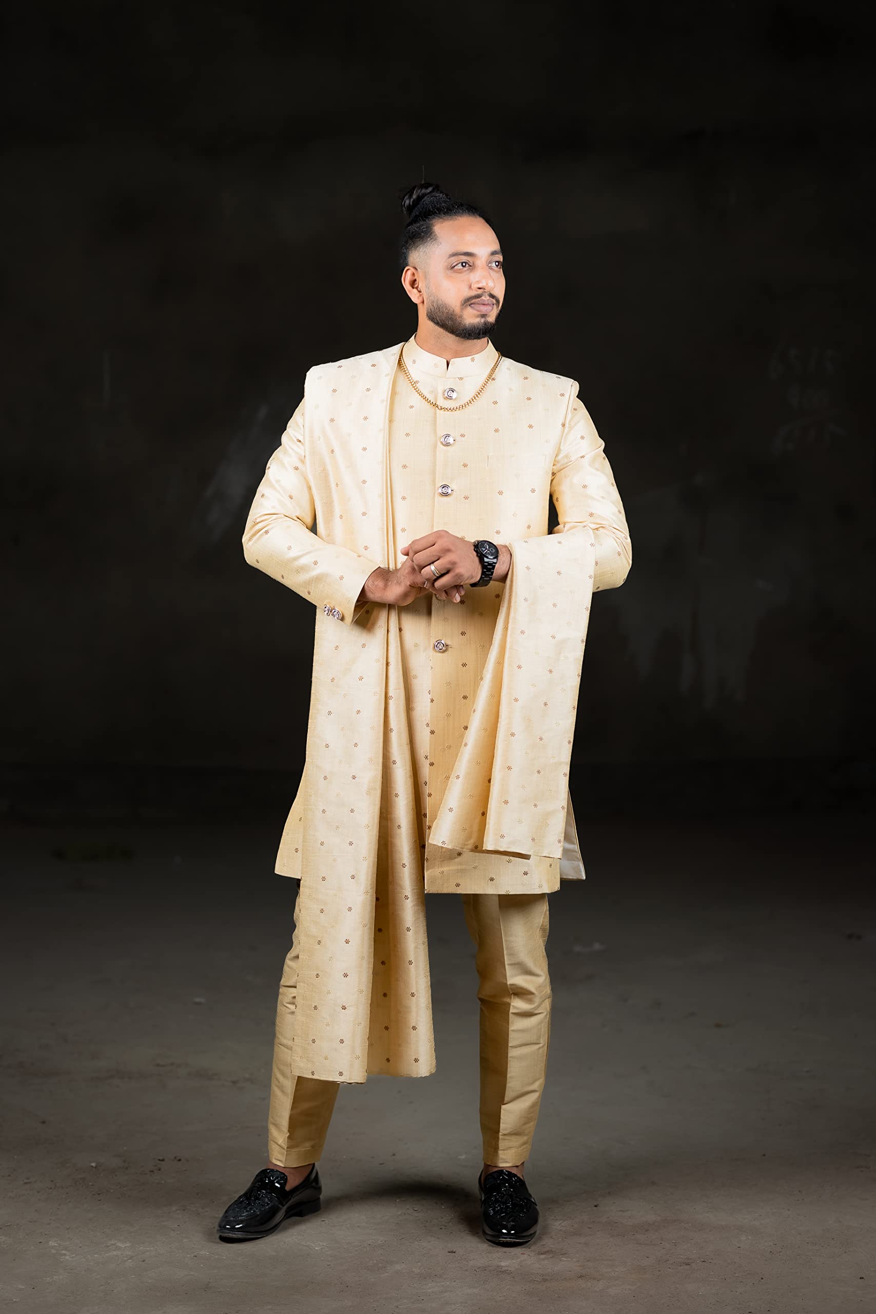 GOLD INDO WESTERN SHERWANI WITH DUPATTA & STRAIGHT CUT PANT (Medium) - Image 2