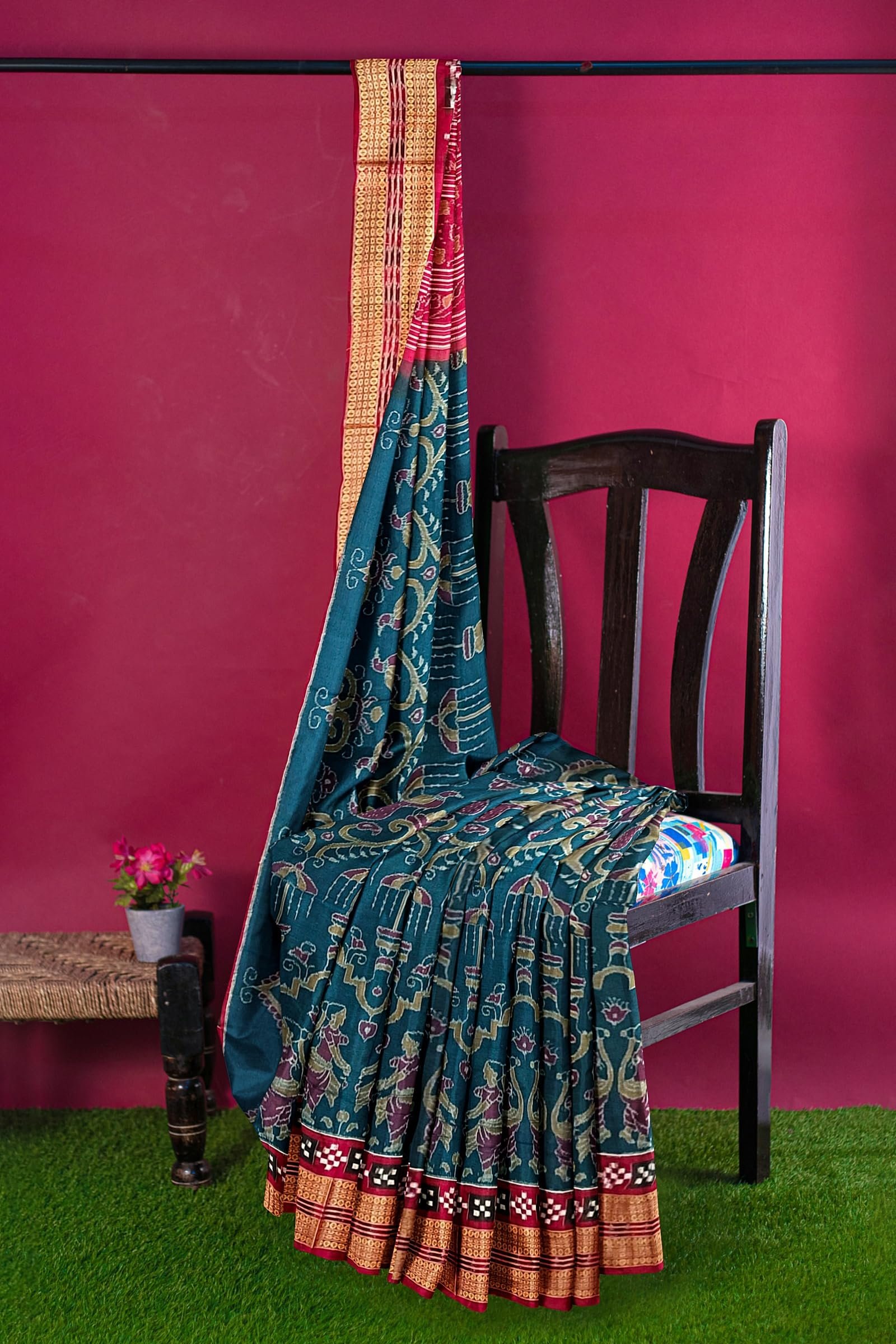 OdiKala sambalpuri cotton saree with blouse piece(Nartaki design in Bluish green color base) - Image 2