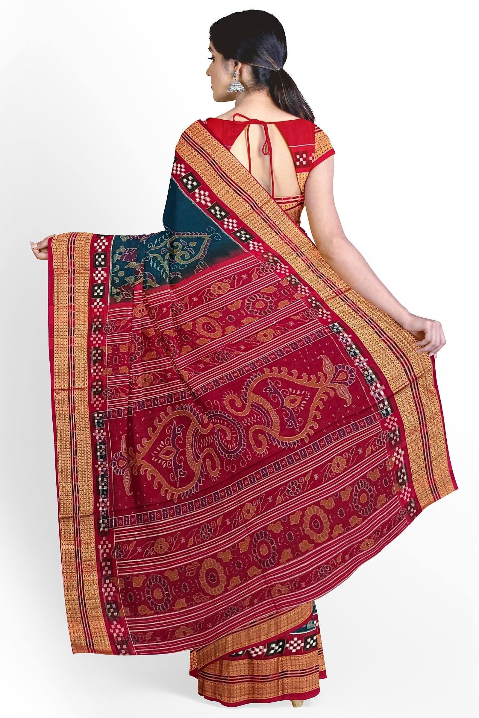 OdiKala sambalpuri cotton saree with blouse piece(Nartaki design in Bluish green color base) - Image 5