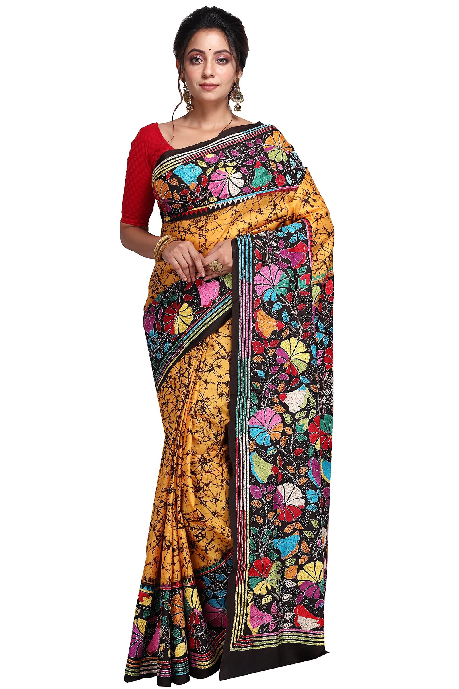 Ruprekha Fashion Women's Mustard Yellow Colour Pure Silk Saree Hand Embroidered Kantha Stitch on Batik Printed Saree