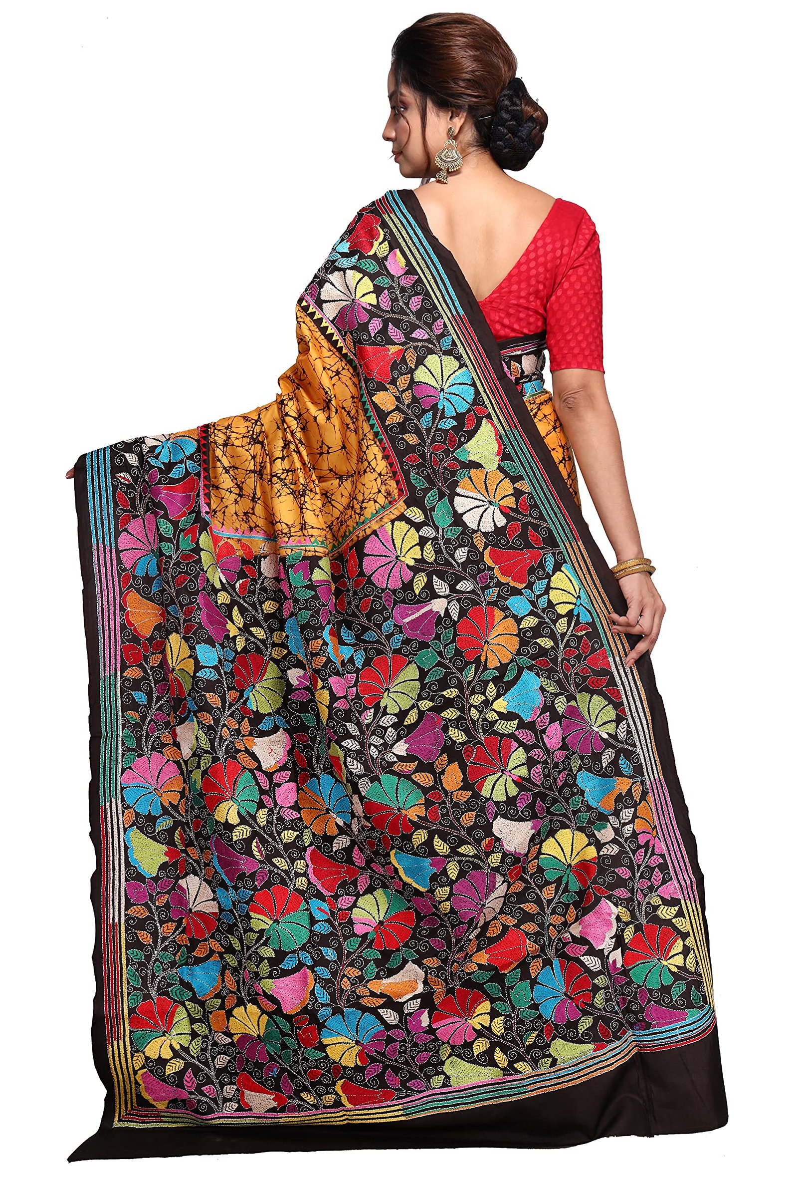 Ruprekha Fashion Women's Mustard Yellow Colour Pure Silk Saree Hand Embroidered Kantha Stitch on Batik Printed Saree - Image 4