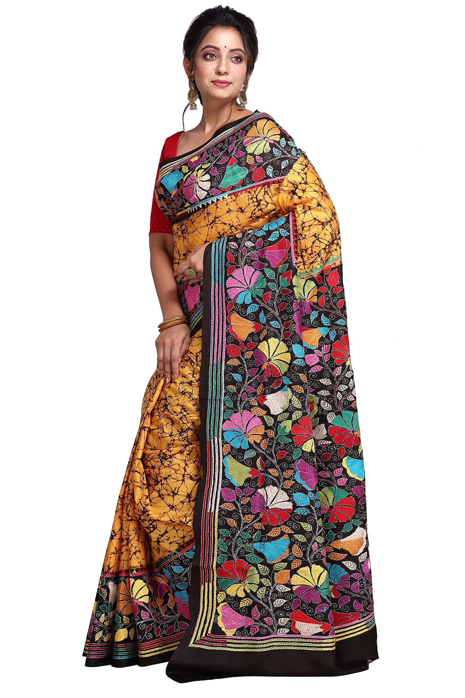 Ruprekha Fashion Women's Mustard Yellow Colour Pure Silk Saree Hand Embroidered Kantha Stitch on Batik Printed Saree - Image 5