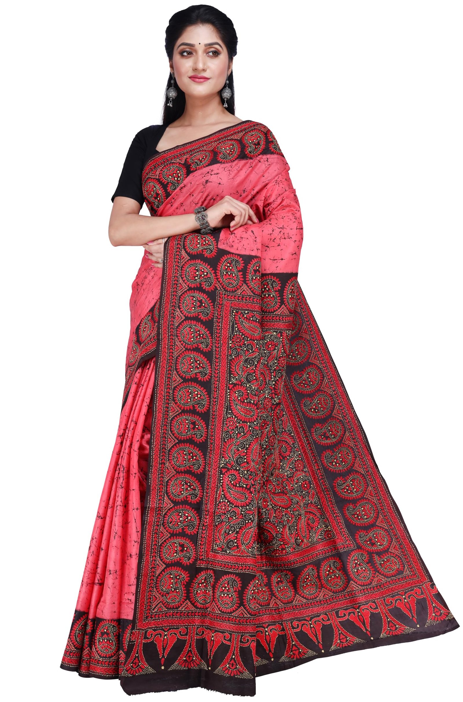Ruprekha Fashion Women's Red Colour Pure Bangalore Silk Hand Embroidered Kantha Stitch On Batik Printed Saree from Bengal - Image 5