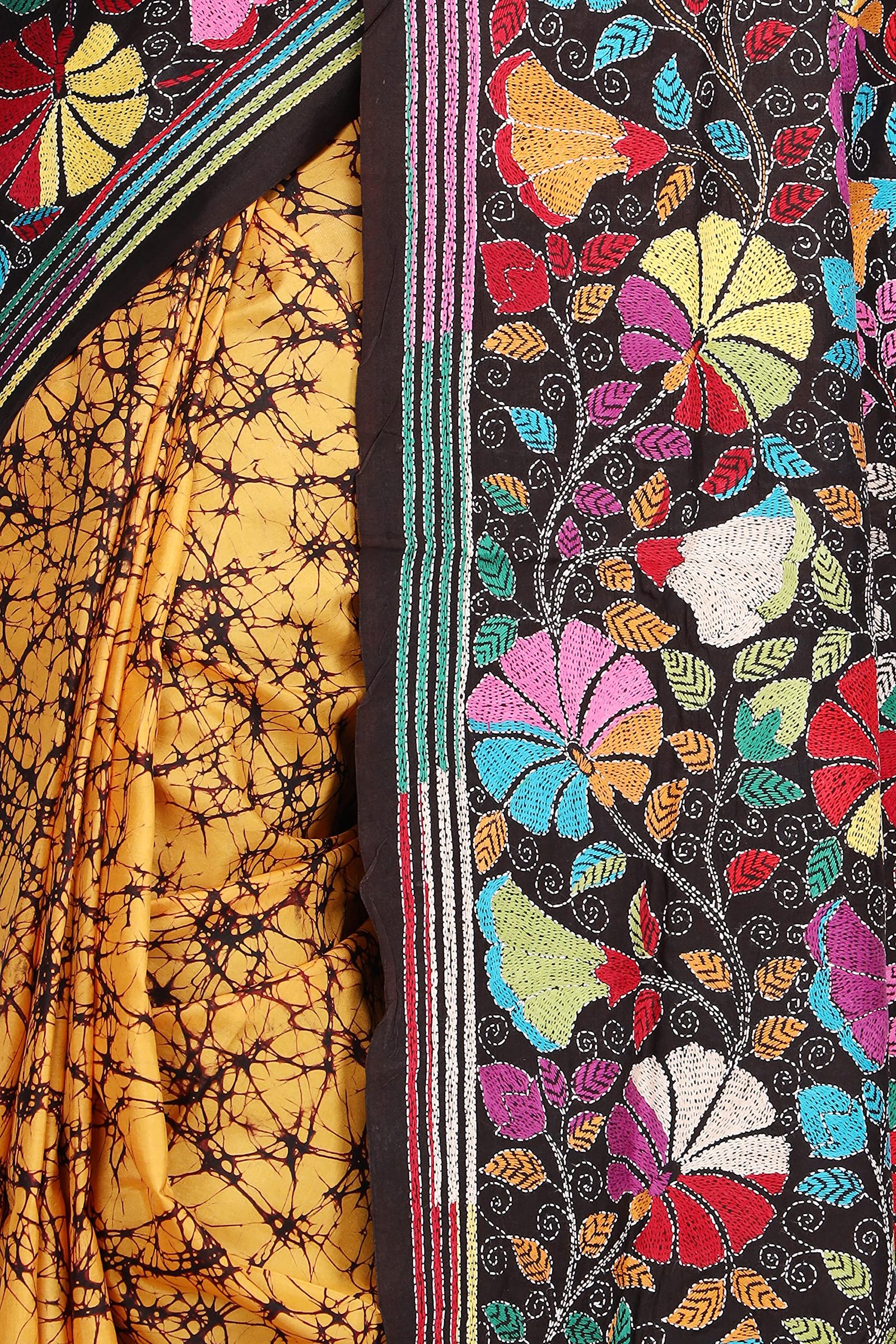 Ruprekha Fashion Women's Mustard Yellow Colour Pure Silk Saree Hand Embroidered Kantha Stitch on Batik Printed Saree - Image 3